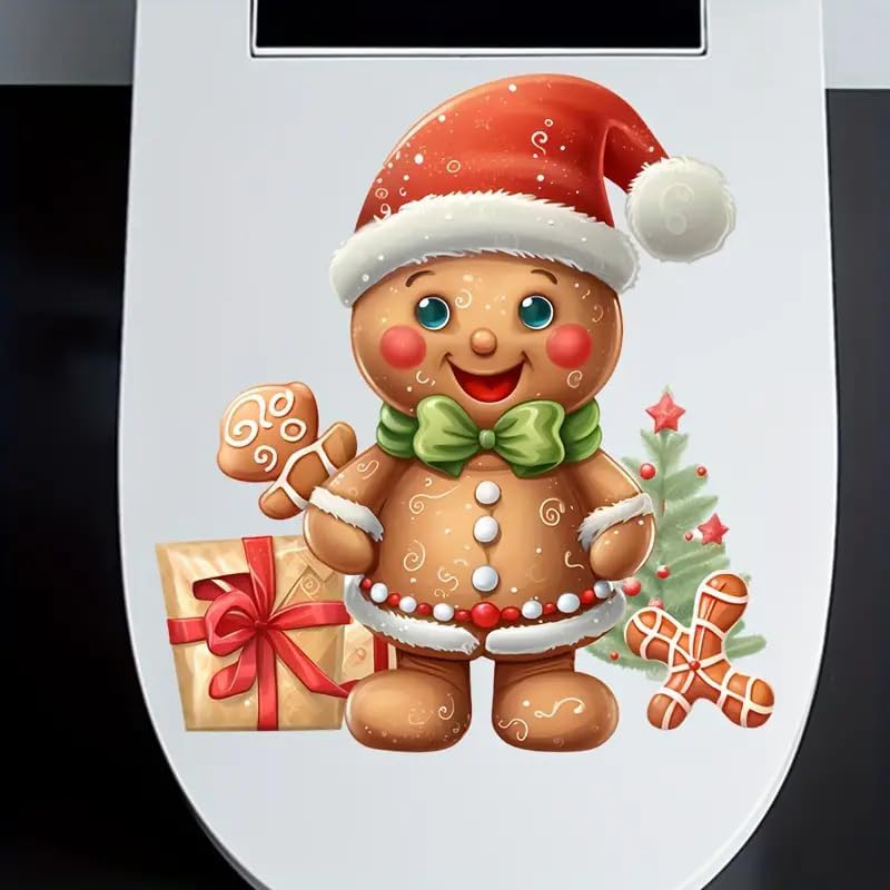 DIDOSOFT Christmas Gingerbread Man Gift Box Toilet Cover Sticker Decals,Fish Bird Flower Leaf Waterproof Toilet Lid Tank Seat Decals Cistern Self-Adhesive Bathroom Wall Sticker - Image 2